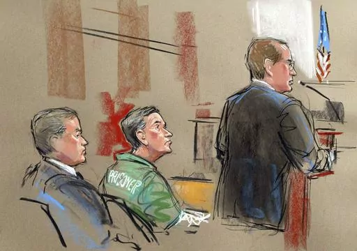 In this artist depiction, U.S. Attorney Randy Bellows, right, addresses the court during the sentencing of convicted spy Robert Hanssen, center, seen with his attorney Plato Cacheris, left, at the federal courthouse in Alexandria, Va., May 10, 2002. Hanssen was given a life sentence. The former FBI agent who took more than $1.4 million in cash and diamonds to trade secrets with Russia and the former Soviet Union in one of the most notorious spying cases in American history has died in prison.(Wi
