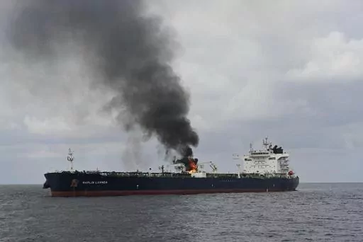 CAPTION CORRECTS LOCATION TO GULF OF ADEN In this photo provided by the Indian Navy on Saturday, Jan. 27, 2024, a view of the oil tanker Marlin Luanda on fire after an attack, in the Gulf of Aden. The crew aboard a Marshall Islands-flagged tanker hit by a missile launched by Yemen’s Houthi rebels is battling a fire onboard the stricken vessel sparked by the strike. (Indian Navy via AP)