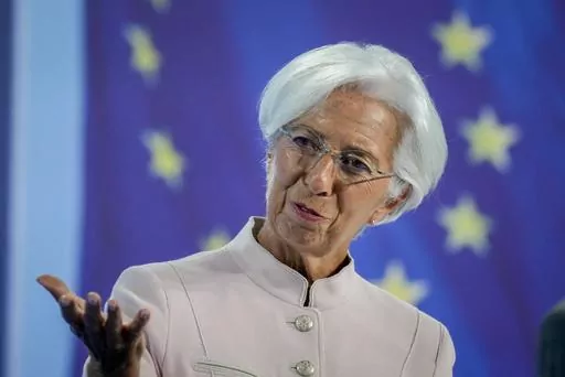 President of European Central Bank Christine Lagarde speaks at the press conference in Frankfurt, Germany, Thursday, Sept. 14, 2023. The European Central Bank kept its key interest rate at a record high Thursday, Dec. 14, 2023, and said it will leave it there as long as needed to battle back inflation, signaling that cuts are not around the corner despite expectations it will act next year to support the shrinking economy. (AP Photo/Michael Probst, File)