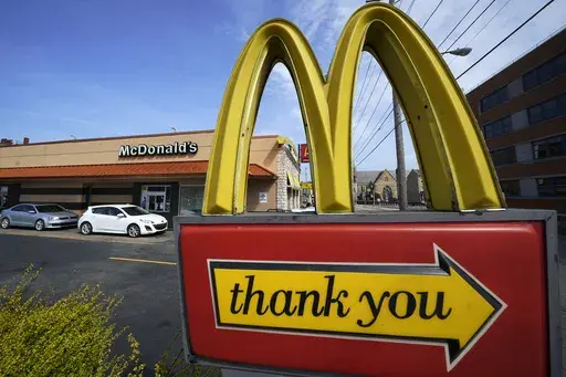 A sign is shown in front of an McDonald's restaurant in Pittsburgh on April 23, 2022. (AP Photo/Gene J. Puskar, File)