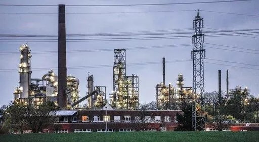 A Shell chemical plant is illuminated in Wesseling, near Cologne, Germany, on April 6, 2022. Germany says it’s making progress on weaning itself off Russian fossil fuels and expects to be fully independent of crude oil imports from Russia by late summer.
Economy and Climate Minister Robert Habeck on Sunday said Europe’s biggest economy has reduced the share of Russian imports in its energy consumption to 12 percent for oil, 8 percent for coal and 35 percent for natural gas. (AP Photo/Martin